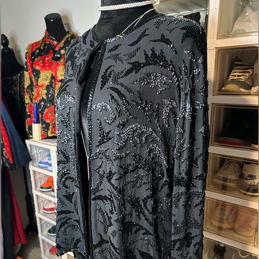 Doncaster‎ Silk Black Beaded vintage cardigan Jacket Size 14 - Picture 2 of 11